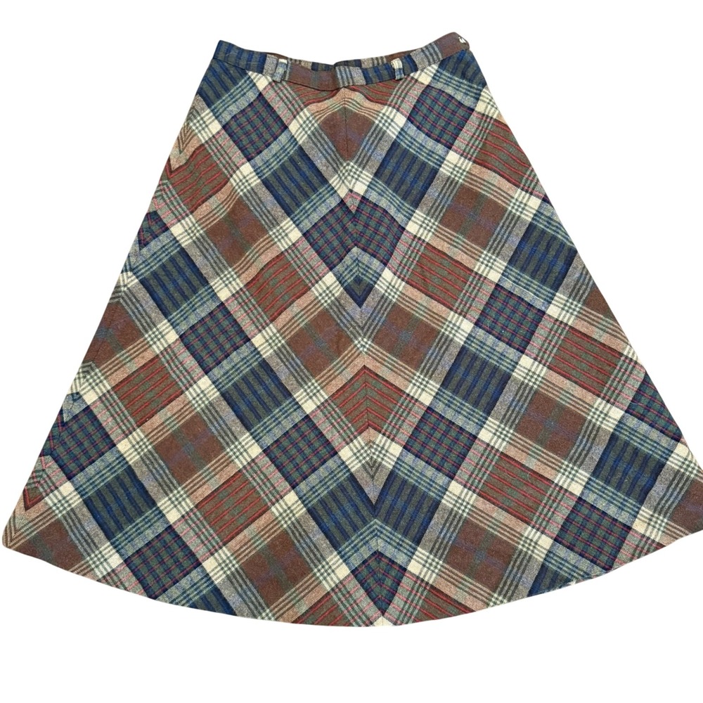 Summit Sportswear Vintage Plaid A-Line Midi Skirt Brown Blue Chevron Wool Blend